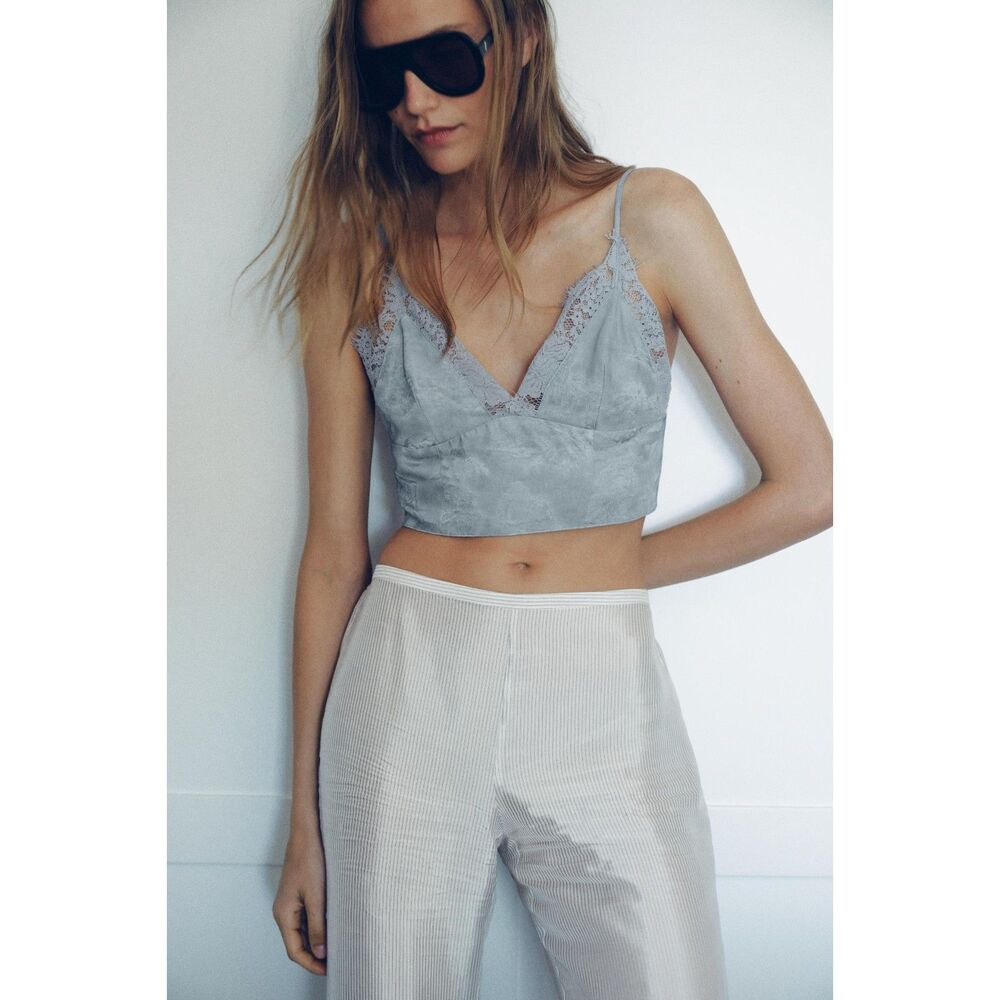 Zara Lace Jacquard Crop Top Gray Blue Size M NWT